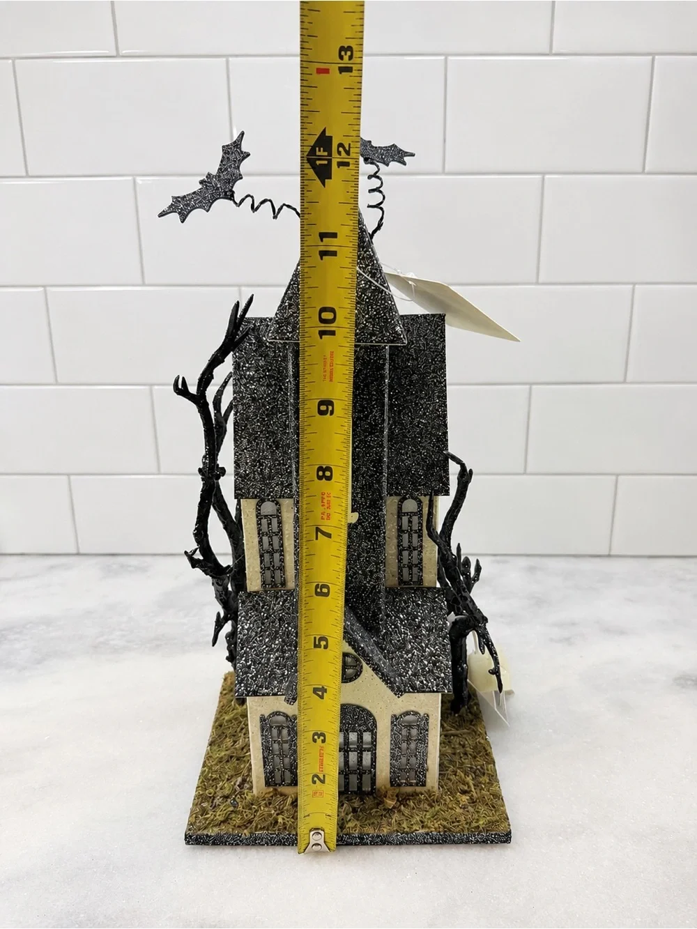 Halloween Putz Style Glitter Steeple House Bats LED Light-Up Black 12” New